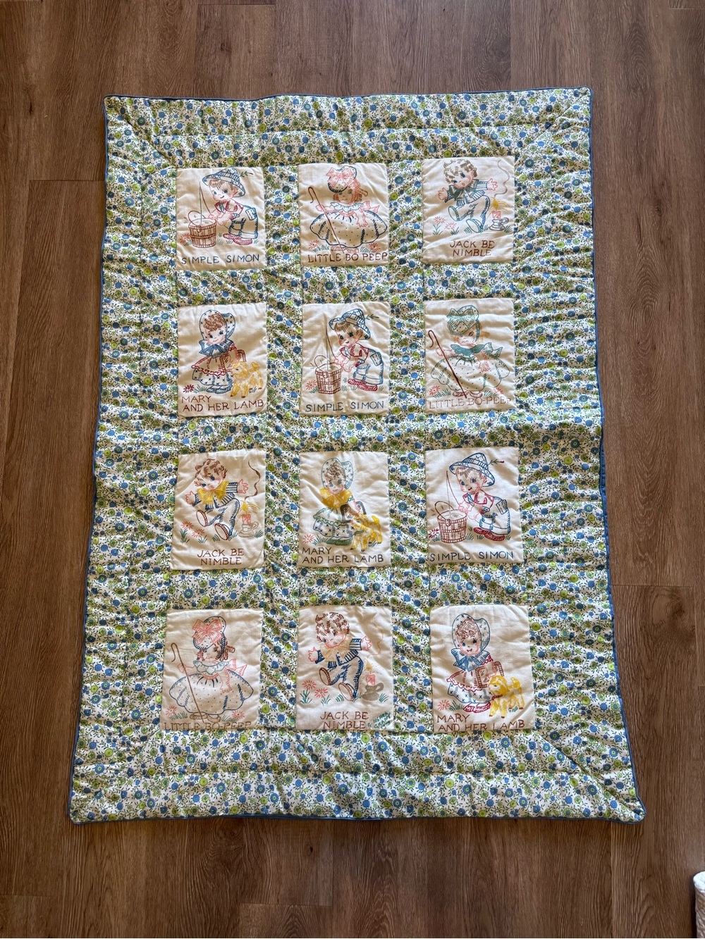 Vintage 1970’s Handmade & Hand Painted  Patchwork Quilt in Cream, Green, & Blue
